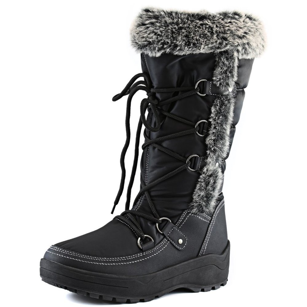 Ladies Boots Size 8 1/2 M by Daily Shoes Faux Fur Waterproof Black Quilt Lace Up - Picture 10 of 13